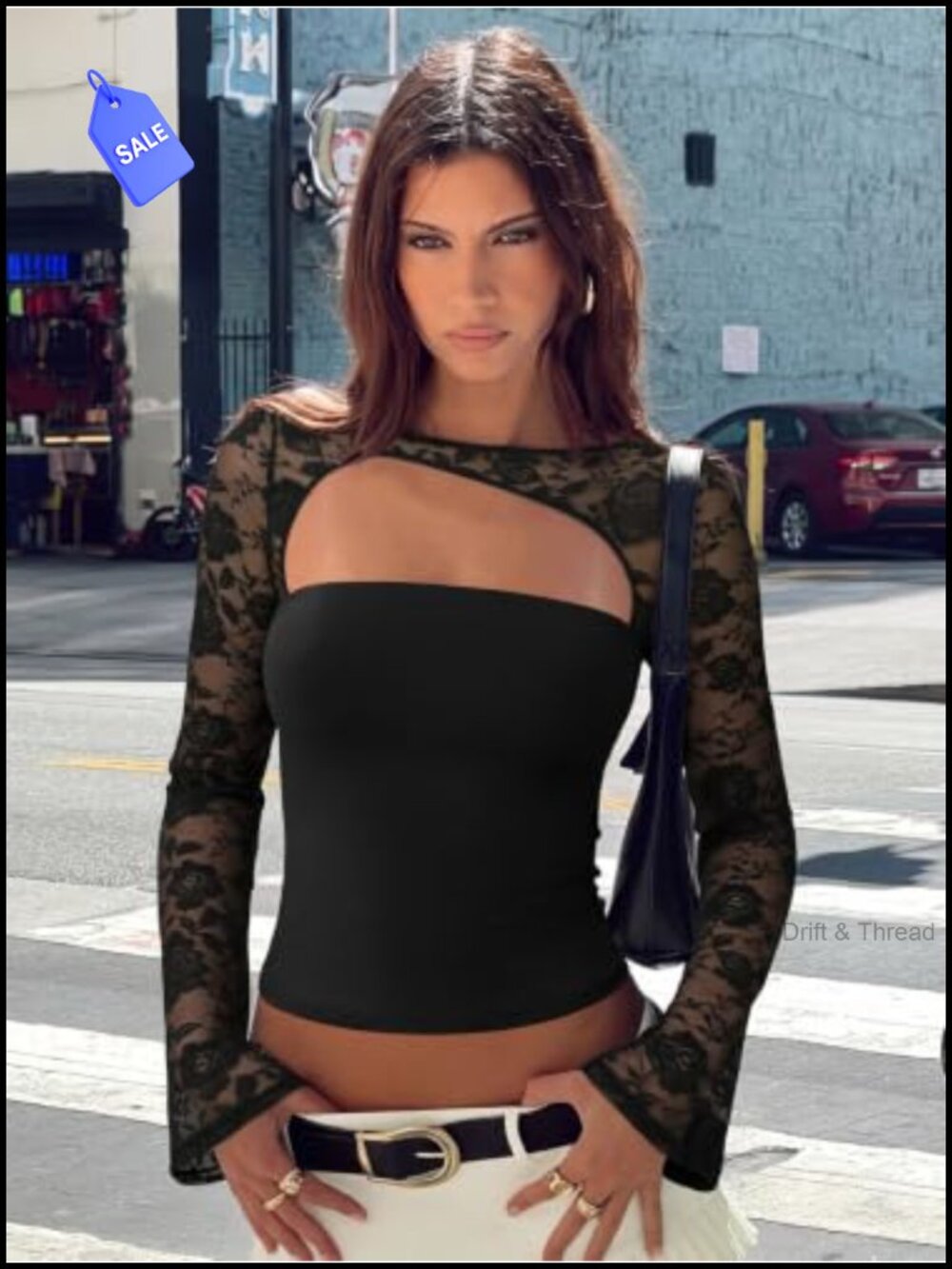 Women's Lace Going Out Top Long Sleeve Crew Neck Slim Fit Y2K Party Shirt - Picture 5 of 6